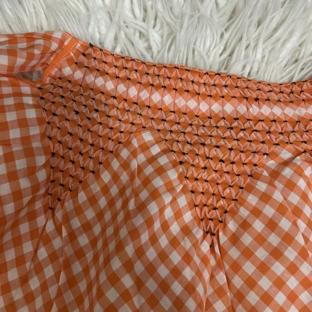 Vintage Gingham Apron Embroidery Orange White Pocket Tie Waist Farmhouse